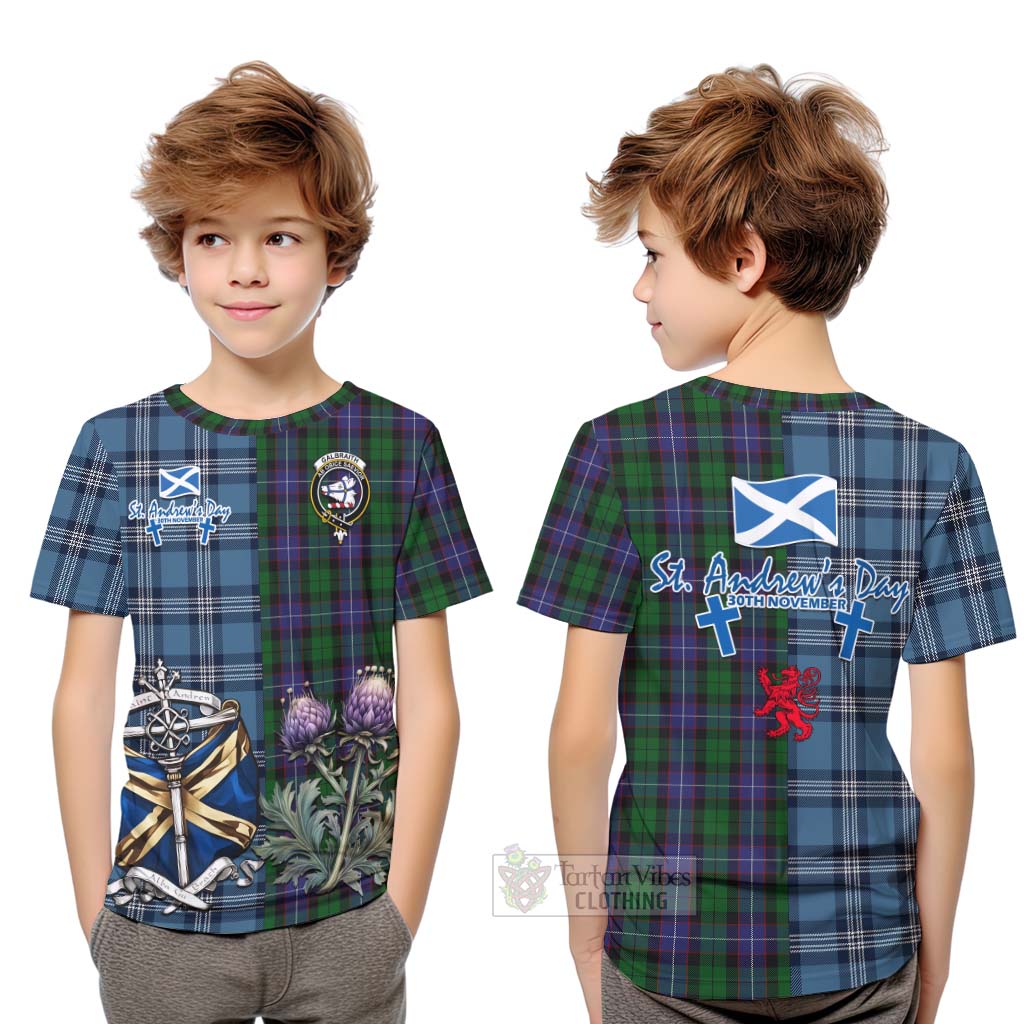Tartan Vibes Clothing Galbraith Tartan Kid T-Shirt Happy St. Andrew's Day Half Tartan Style