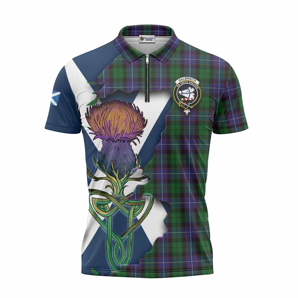 Tartan Vibes Clothing Galbraith Tartan Family Crest Zipper Polo Shirt Scottish Thistle Celtic Inspired