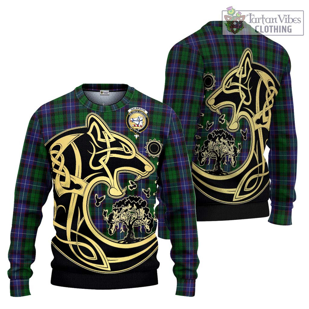 Galbraith Tartan Knitted Sweater with Family Crest Celtic Wolf Style Unisex - Tartan Vibes Clothing