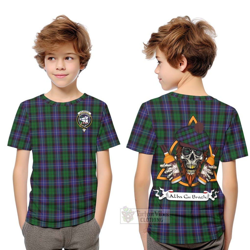 Tartan Vibes Clothing Galbraith Tartan Kid T-Shirt with Family Crest and Bearded Skull Holding Bottles of Whiskey