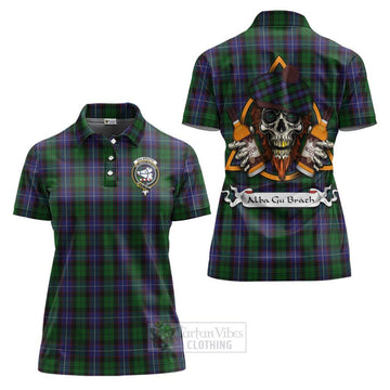 Galbraith Tartan Women's Polo Shirt with Family Crest and Bearded Skull Holding Bottles of Whiskey