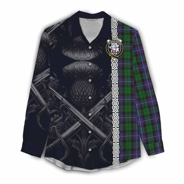 Tartan Vibes Clothing Galbraith Tartan Women's Casual Shirt with Family Crest Cross Sword Thistle Celtic Vibes