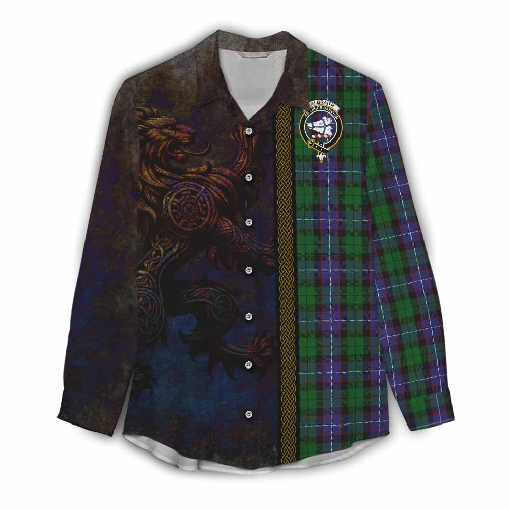 Tartan Vibes Clothing Galbraith Tartan Family Crest Women's Casual Shirt Alba Gu Brath Be Brave Lion Ancient Style
