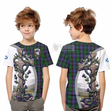 Galbraith Tartan Kid T-Shirt with Family Crest and St. Andrew's Cross Accented by Thistle Vines