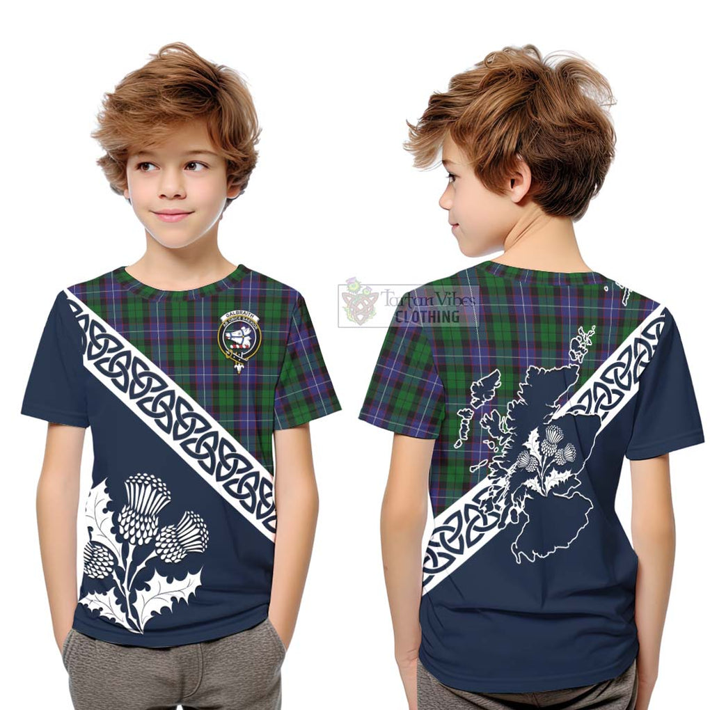 Tartan Vibes Clothing Galbraith Tartan Kid T-Shirt Featuring Thistle and Scotland Map