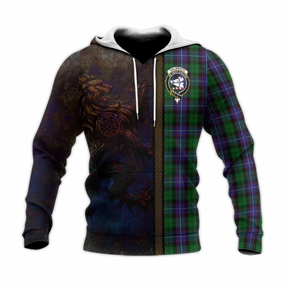 Tartan Vibes Clothing Galbraith Tartan Family Crest Knitted Hoodie Alba Gu Brath Be Brave Lion Ancient Style
