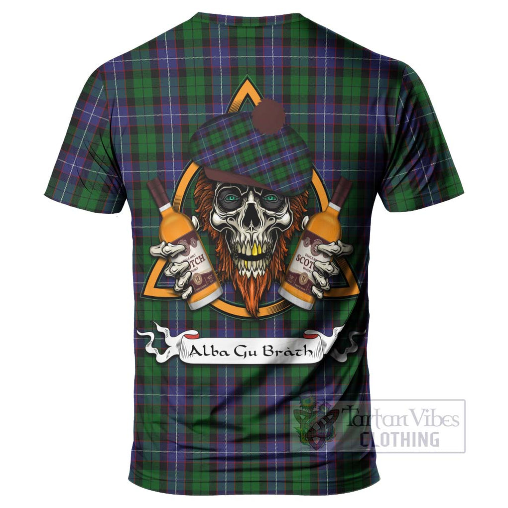 Tartan Vibes Clothing Galbraith Tartan T-Shirt with Family Crest and Bearded Skull Holding Bottles of Whiskey