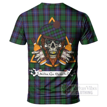Tartan Vibes Clothing Galbraith Tartan T-Shirt with Family Crest and Bearded Skull Holding Bottles of Whiskey
