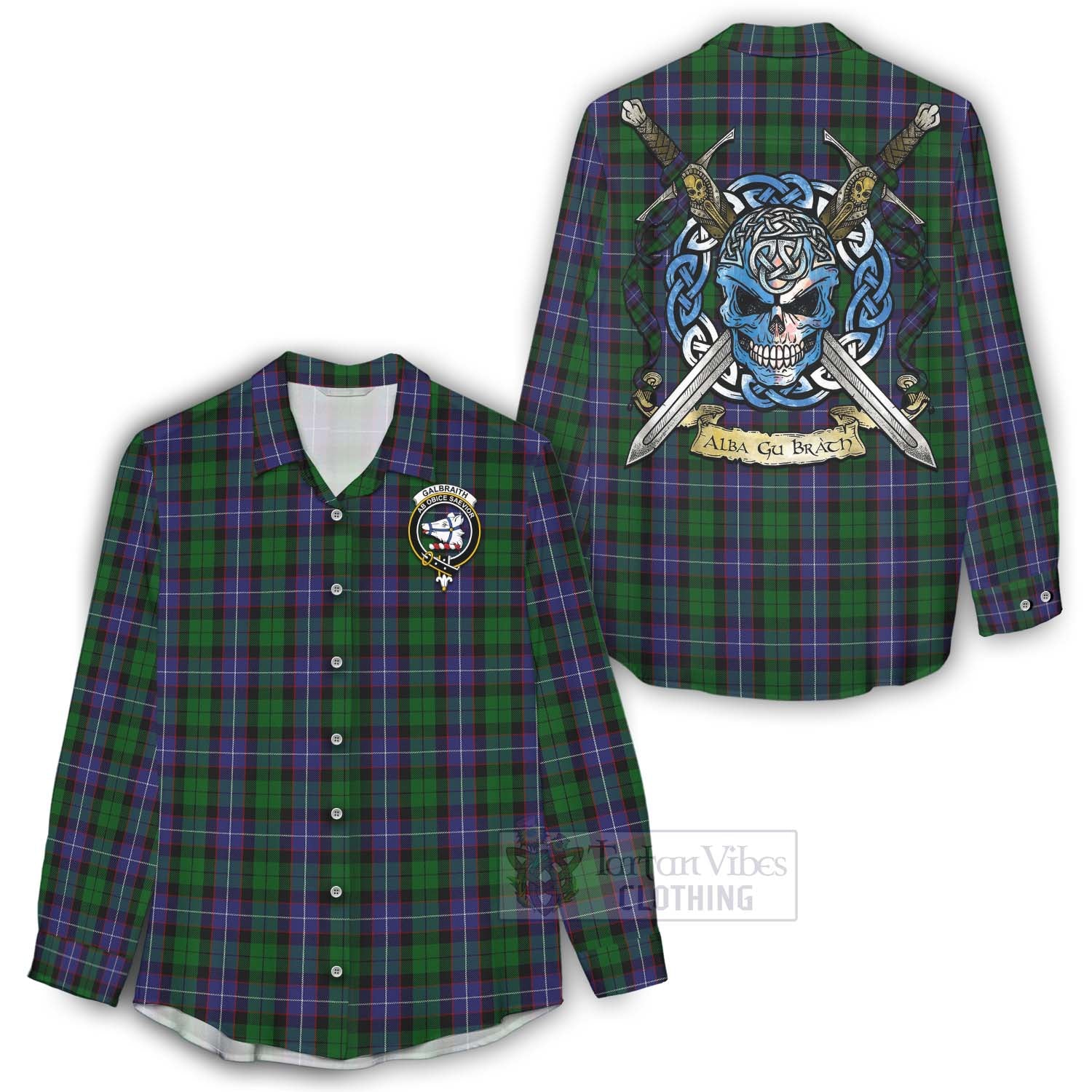 Tartan Vibes Clothing Galbraith Tartan Women's Casual Shirt with Family Crest Celtic Skull Style
