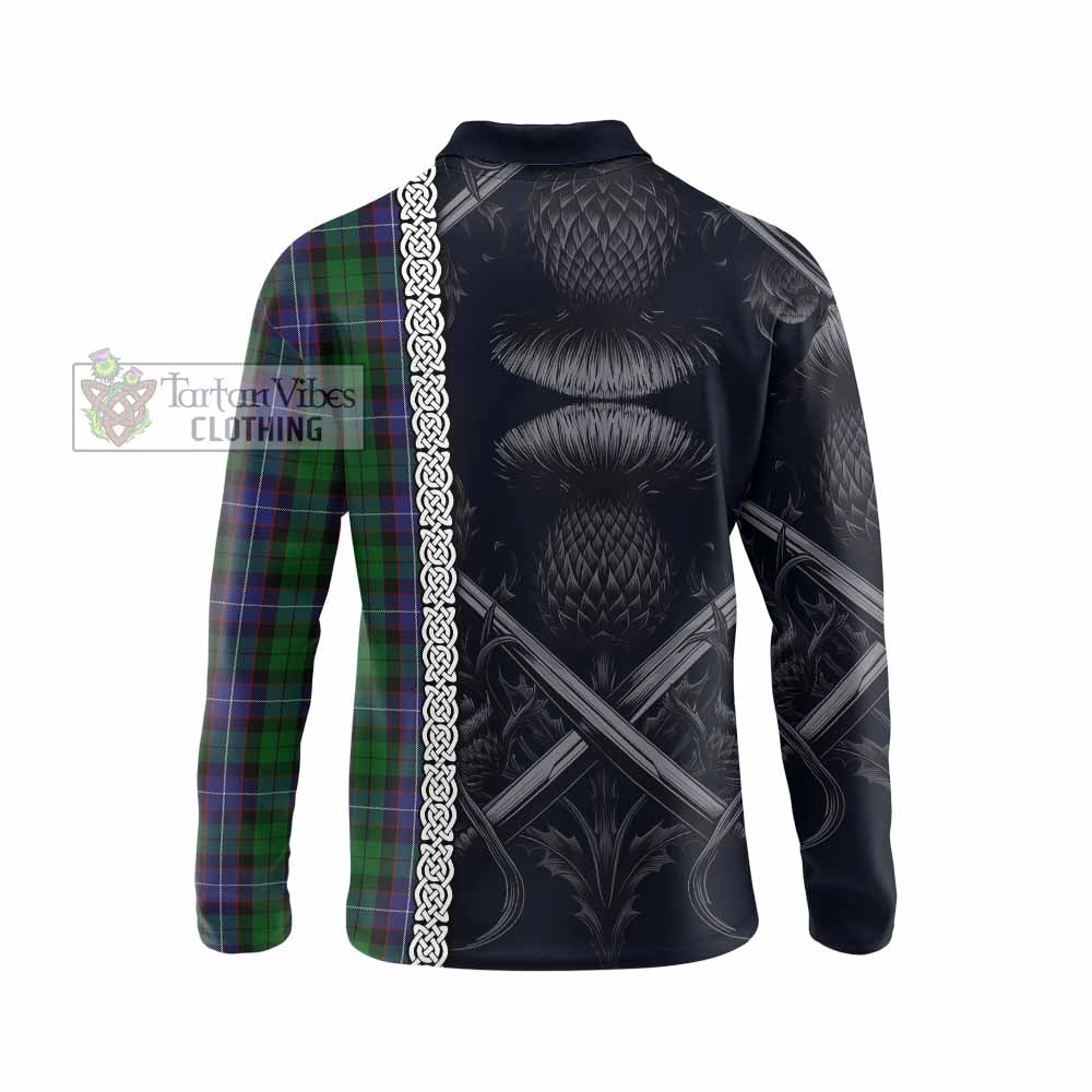 Tartan Vibes Clothing Galbraith Tartan Long Sleeve Polo Shirt with Family Crest Cross Sword Thistle Celtic Vibes