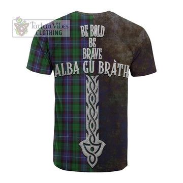 Galbraith Tartan Family Crest Cotton T-shirt Alba Gu Brath Be Brave Lion Ancient Style