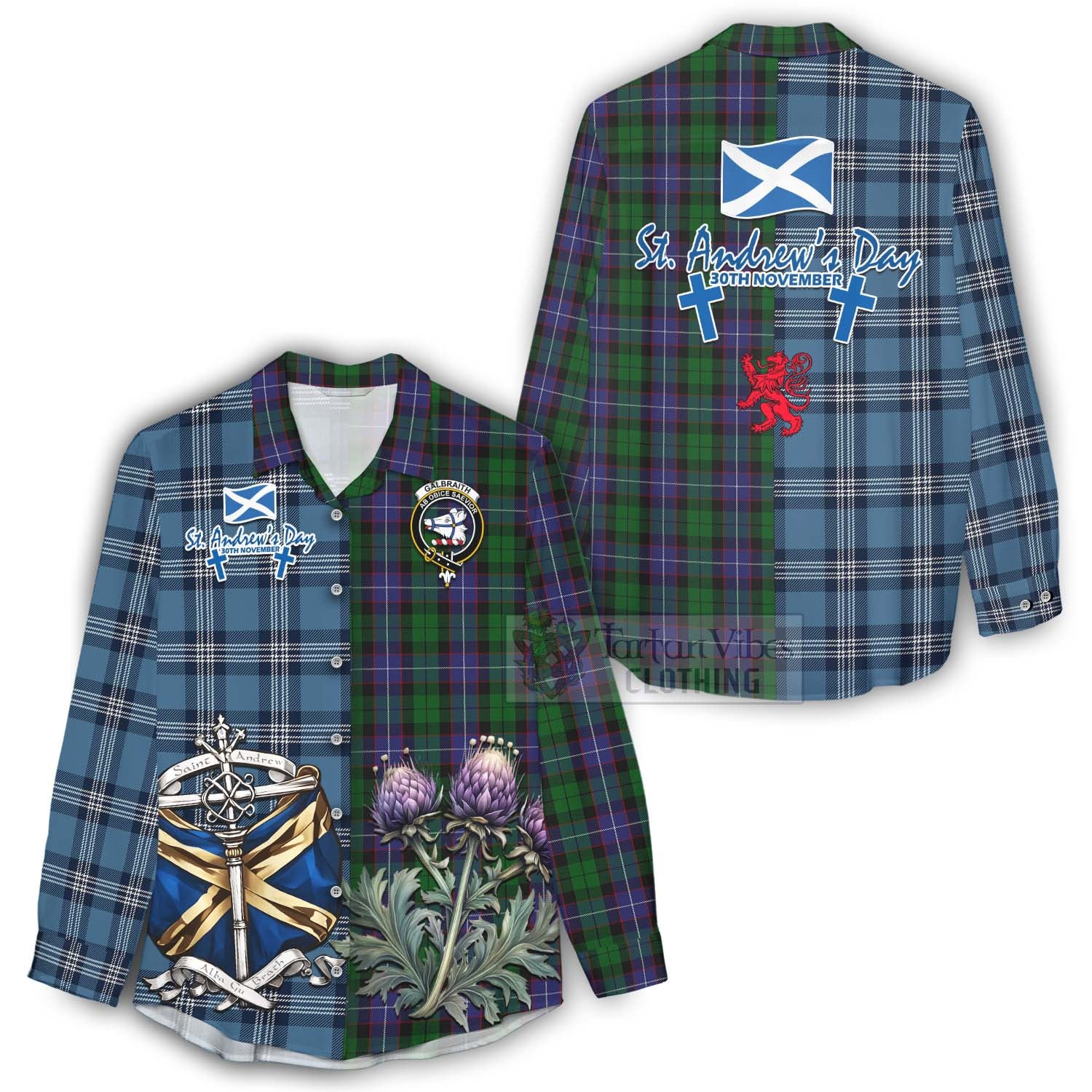 Tartan Vibes Clothing Galbraith Tartan Women's Casual Shirt Happy St. Andrew's Day Half Tartan Style