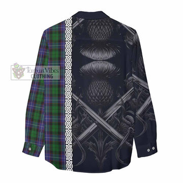 Tartan Vibes Clothing Galbraith Tartan Women's Casual Shirt with Family Crest Cross Sword Thistle Celtic Vibes