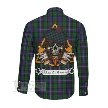 Tartan Vibes Clothing Galbraith Tartan Long Sleeve Button Shirt with Family Crest and Bearded Skull Holding Bottles of Whiskey