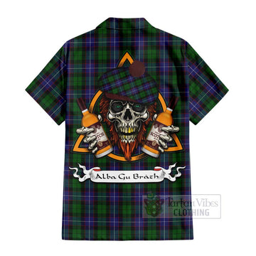 Tartan Vibes Clothing Galbraith Tartan Short Sleeve Button Shirt with Family Crest and Bearded Skull Holding Bottles of Whiskey
