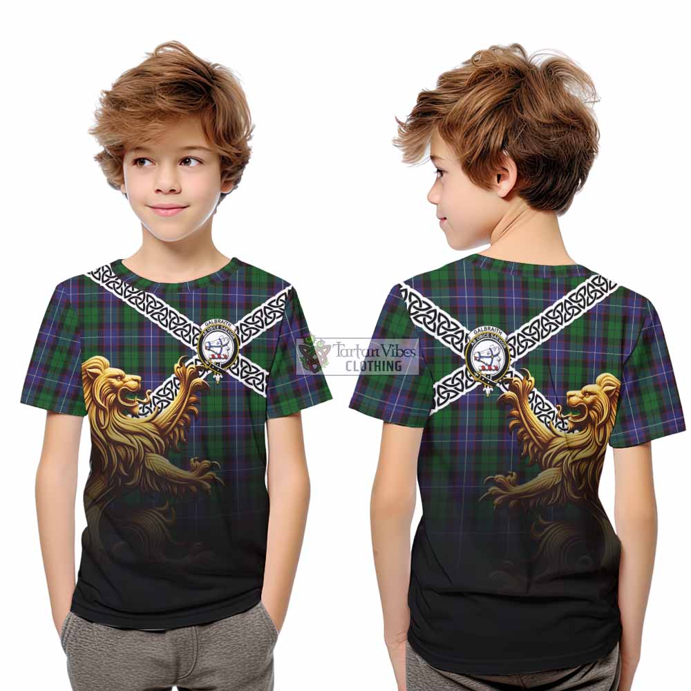 Tartan Vibes Clothing Galbraith Crest Tartan Kid T-Shirt with Golden Lion Emblem Celtic Style