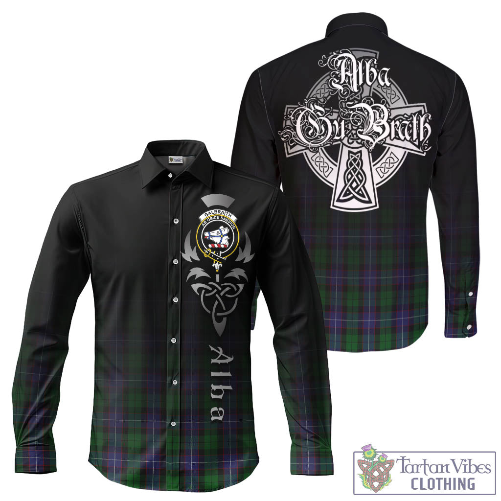 Tartan Vibes Clothing Galbraith Tartan Long Sleeve Button Up Featuring Alba Gu Brath Family Crest Celtic Inspired