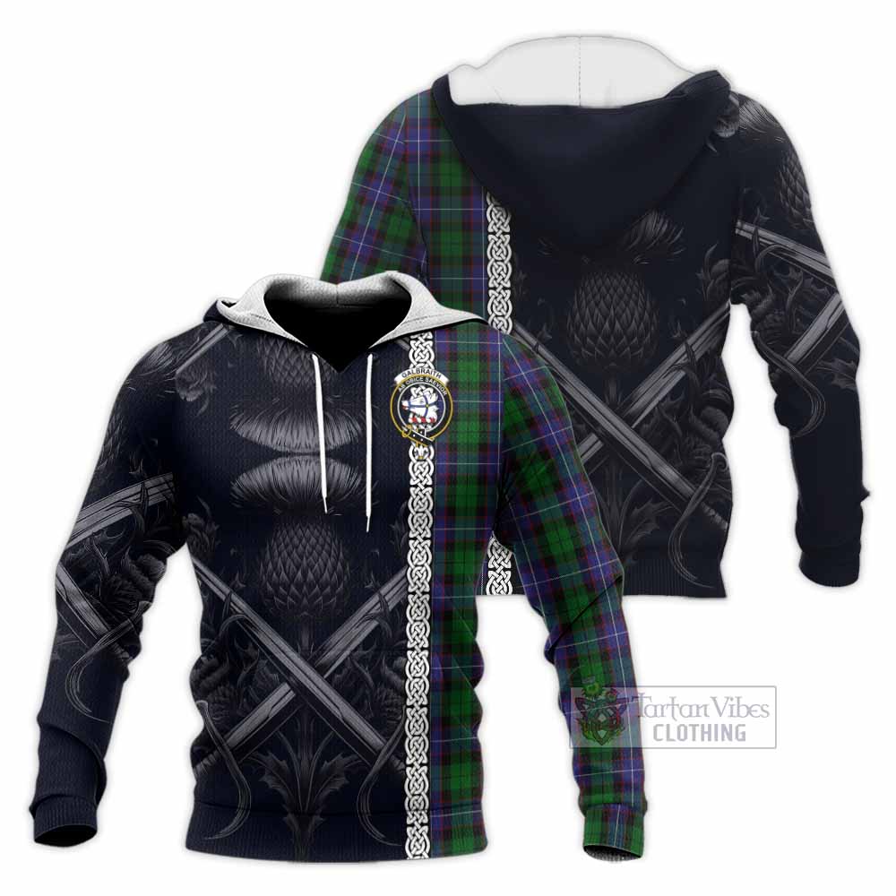 Tartan Vibes Clothing Galbraith Tartan Knitted Hoodie with Family Crest Cross Sword Thistle Celtic Vibes