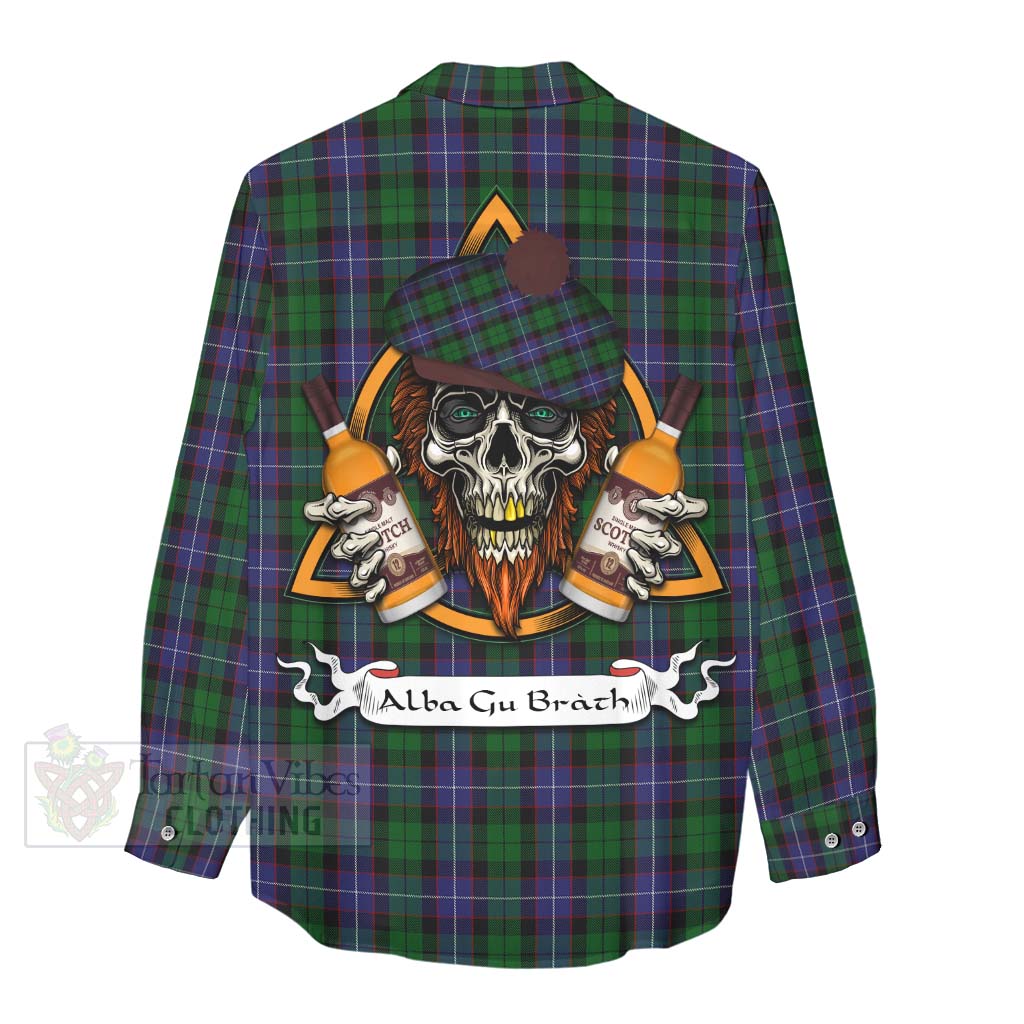 Tartan Vibes Clothing Galbraith Tartan Women's Casual Shirt with Family Crest and Bearded Skull Holding Bottles of Whiskey