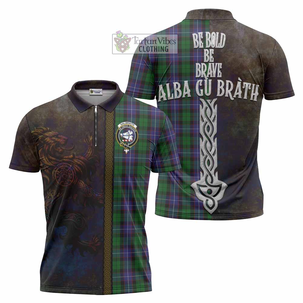 Tartan Vibes Clothing Galbraith Tartan Family Crest Zipper Polo Shirt Alba Gu Brath Be Brave Lion Ancient Style