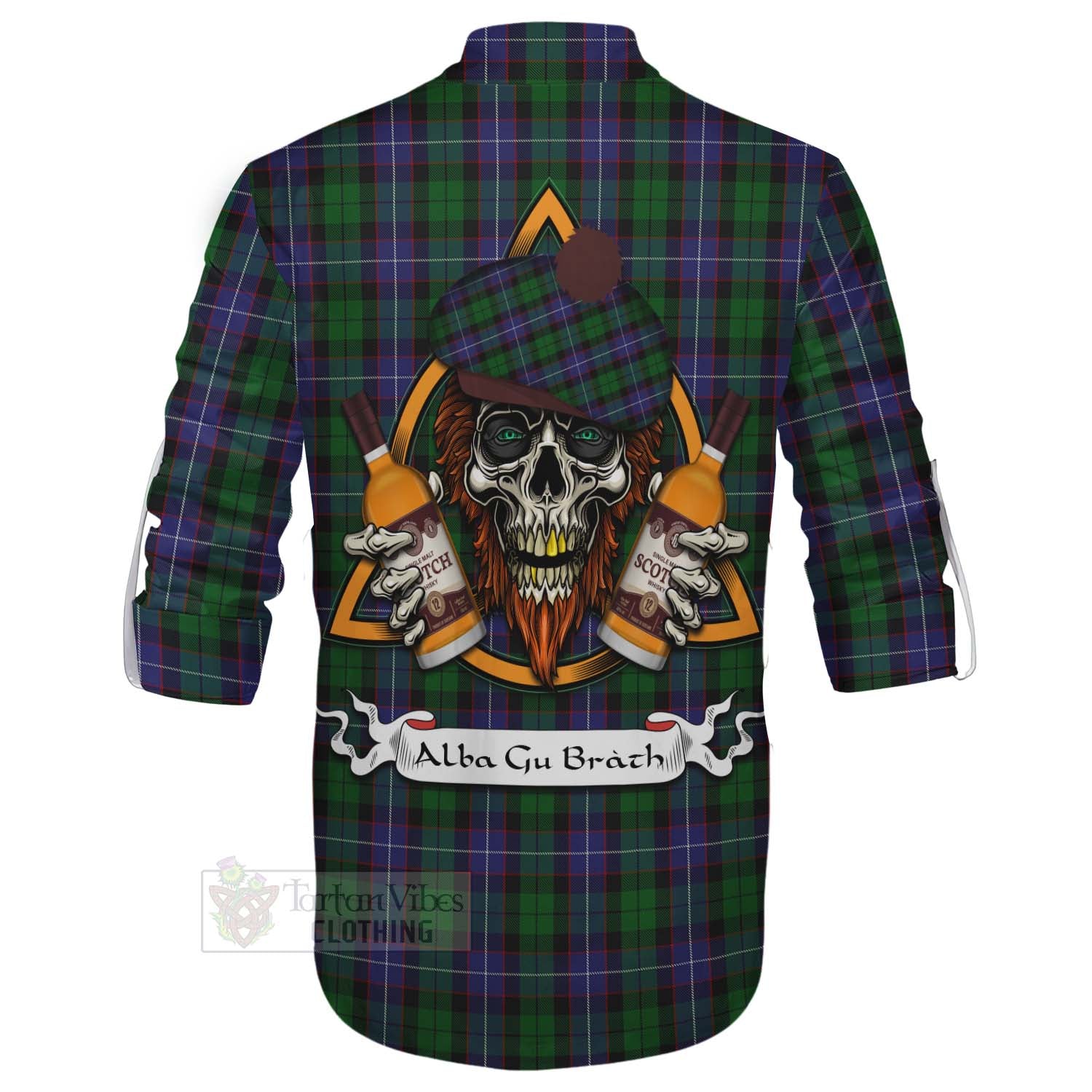 Tartan Vibes Clothing Galbraith Tartan Ghillie Kilt Shirt with Family Crest and Bearded Skull Holding Bottles of Whiskey