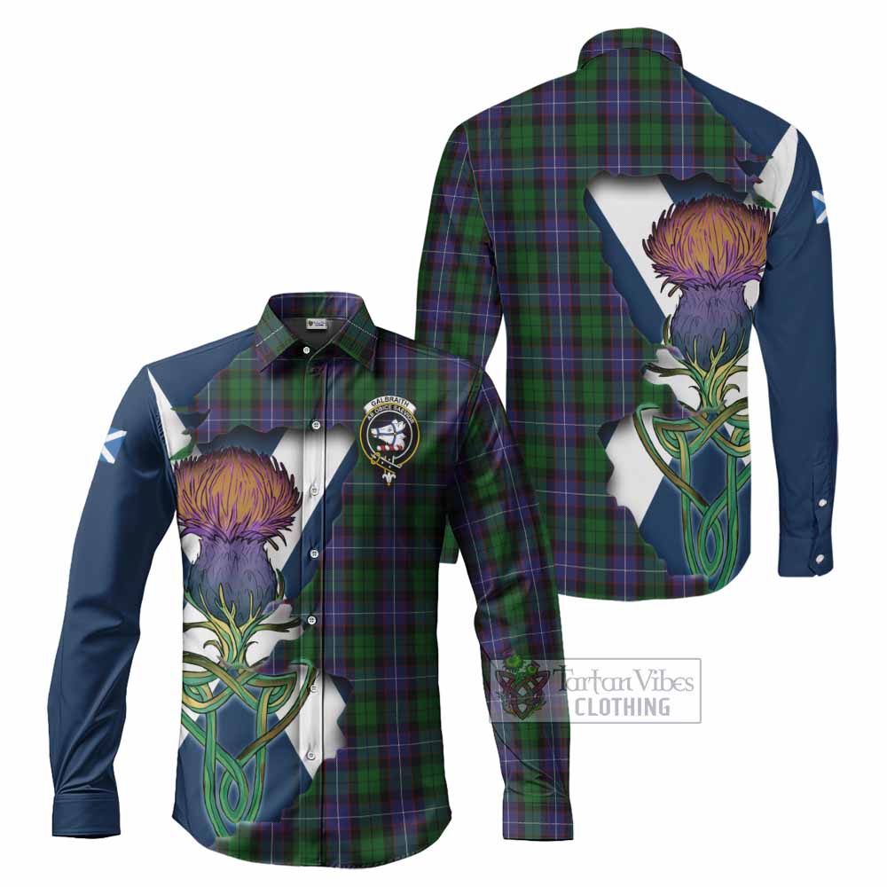 Tartan Vibes Clothing Galbraith Tartan Family Crest Long Sleeve Button Shirt Scottish Thistle Celtic Inspired