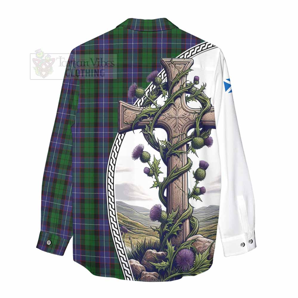 Tartan Vibes Clothing Galbraith Tartan Women's Casual Shirt with Family Crest and St. Andrew's Cross Accented by Thistle Vines