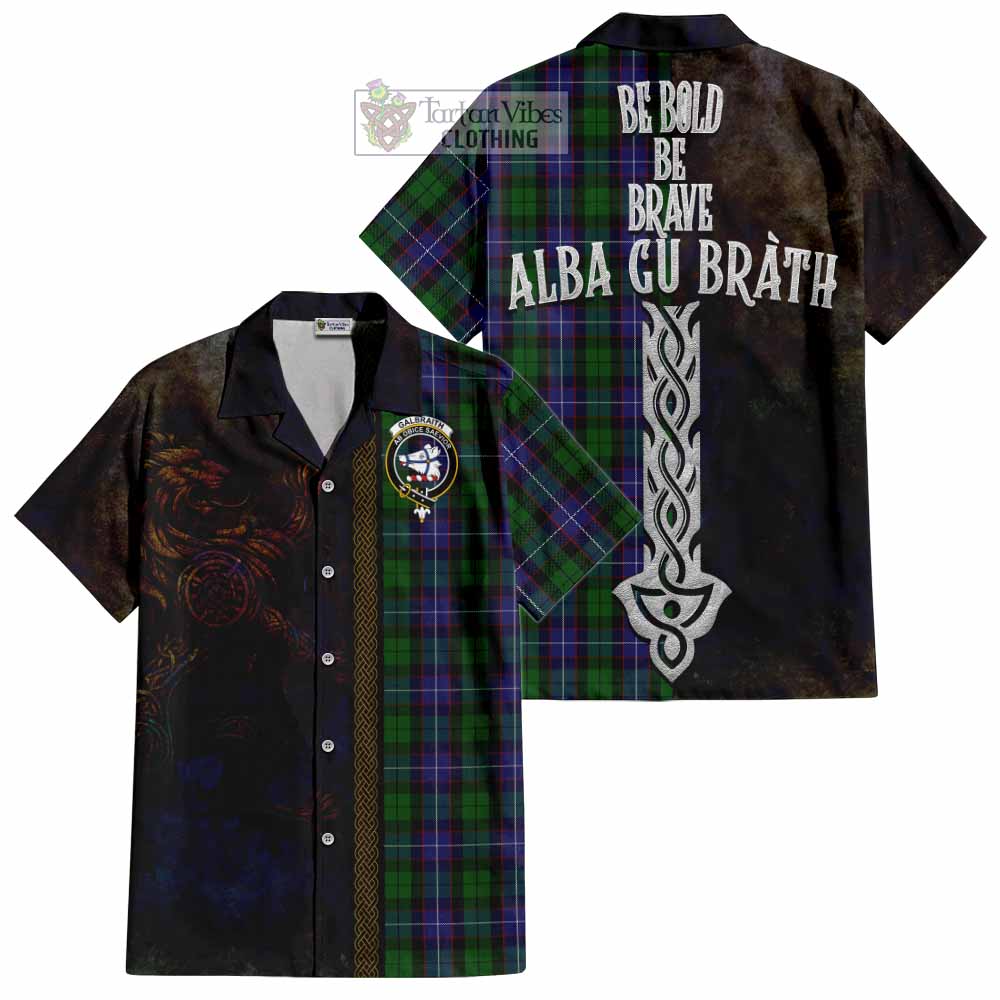 Tartan Vibes Clothing Galbraith Tartan Family Crest Short Sleeve Button Shirt Alba Gu Brath Be Brave Lion Ancient Style
