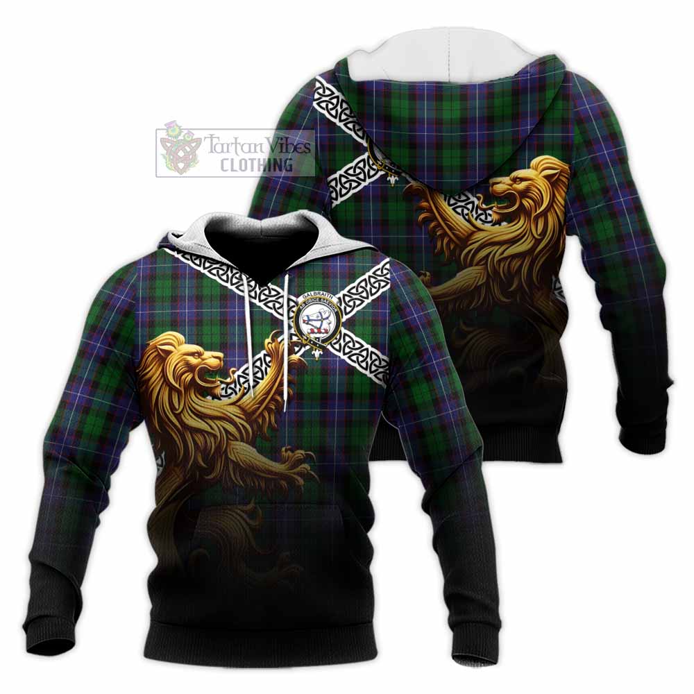 Tartan Vibes Clothing Galbraith Crest Tartan Knitted Hoodie with Golden Lion Emblem Celtic Style