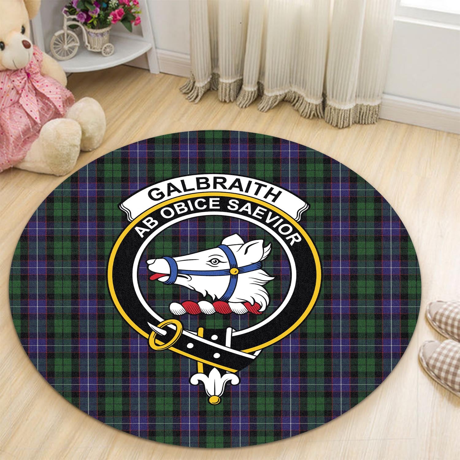 galbraith-tartan-round-rug-with-family-crest