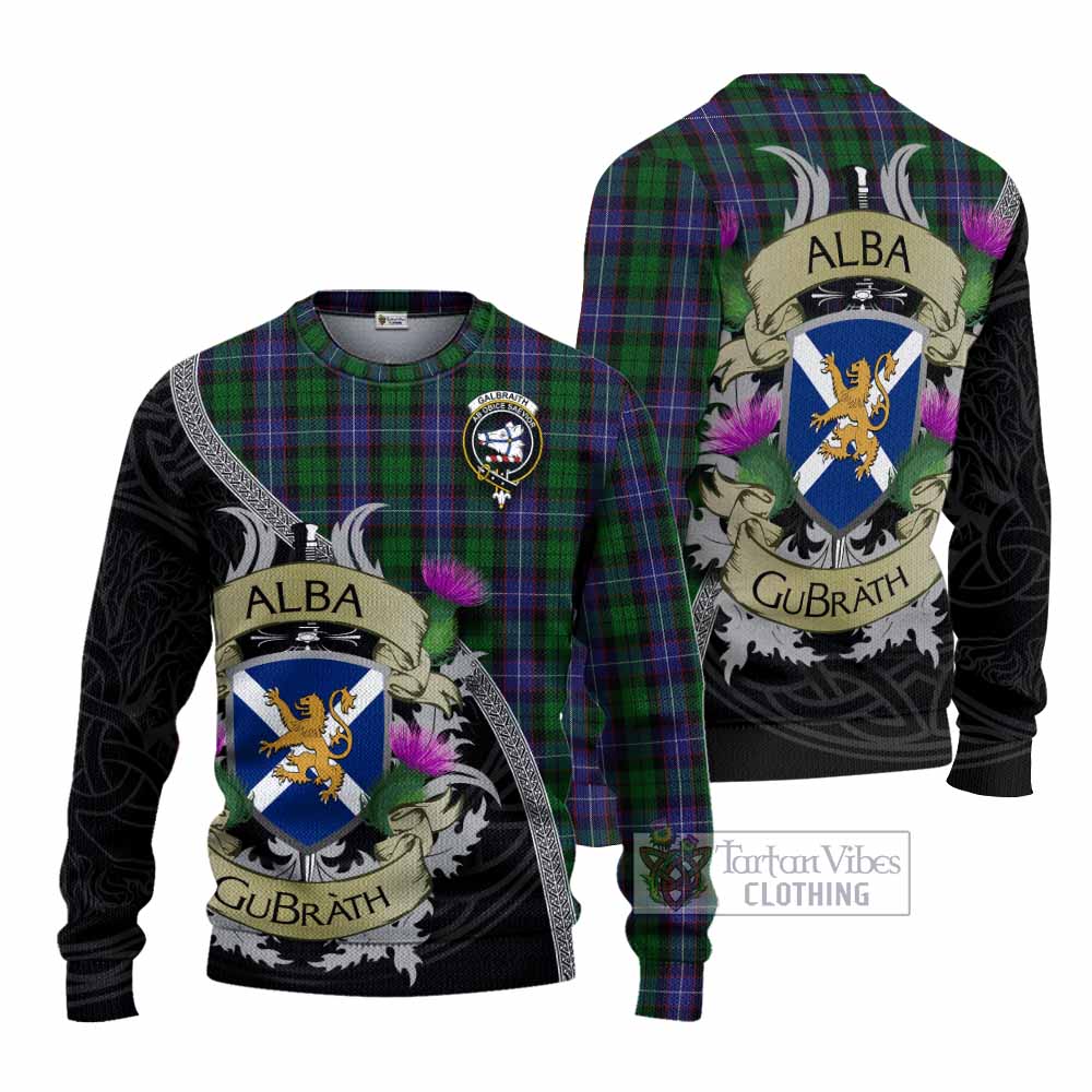 Tartan Vibes Clothing Galbraith Tartan Family Crest Knitted Sweater Lion Rampant Royal Thistle Shield Celtic Inspired