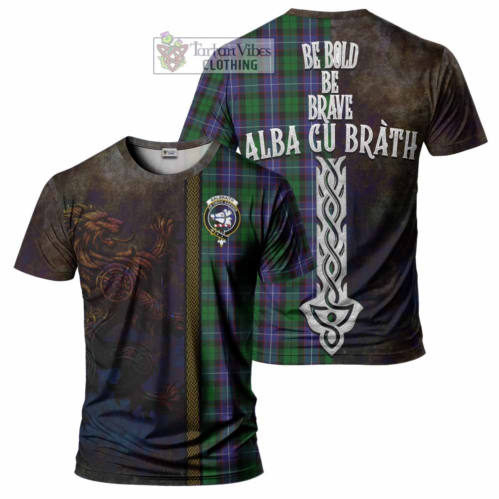 Tartan Vibes Clothing Galbraith Tartan Family Crest T-Shirt Alba Gu Brath Be Brave Lion Ancient Style