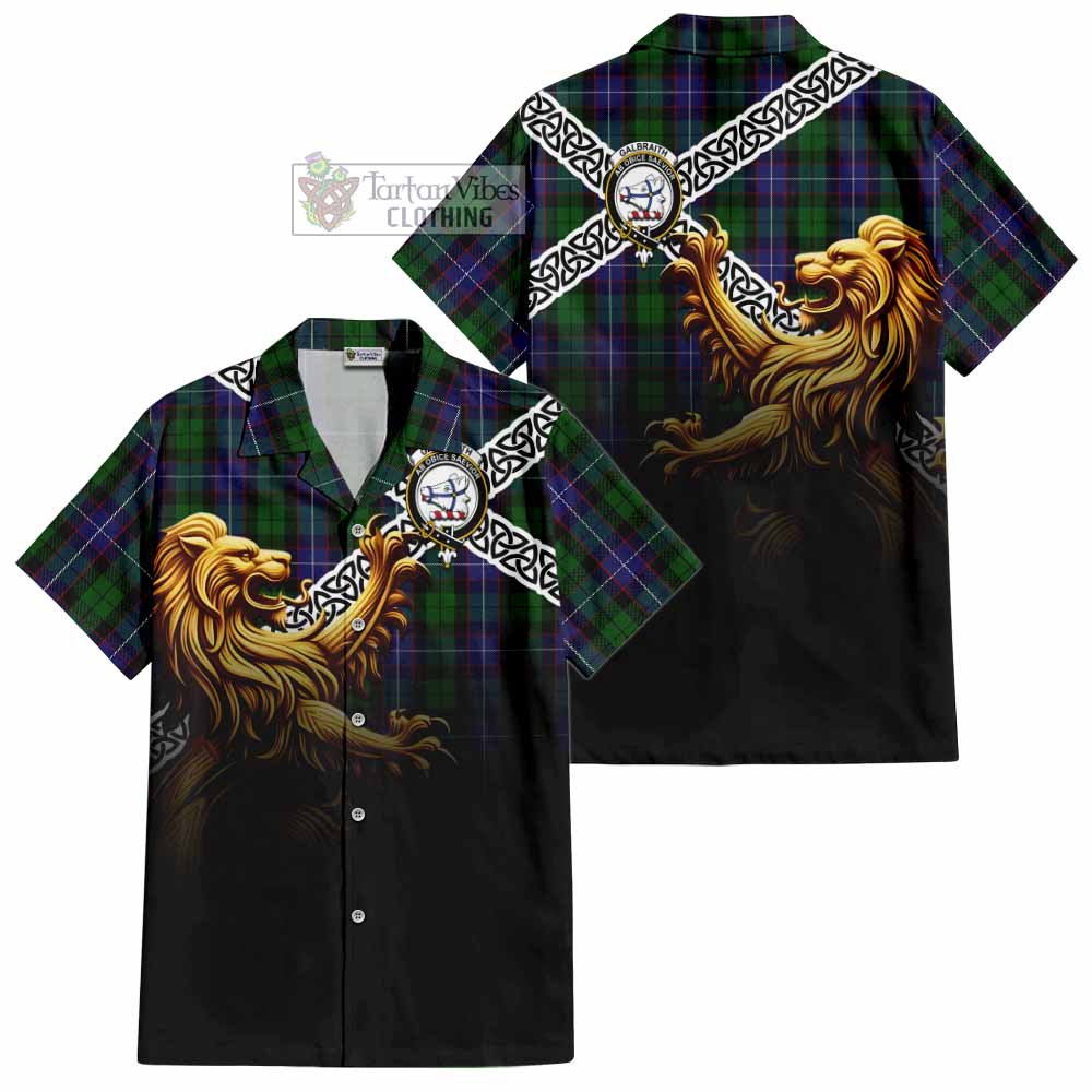 Tartan Vibes Clothing Galbraith Crest Tartan Short Sleeve Button Shirt with Golden Lion Emblem Celtic Style