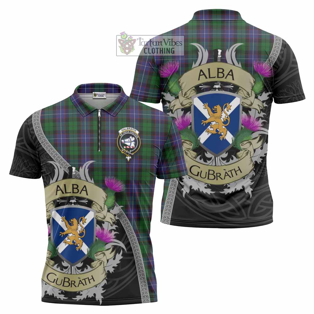 Tartan Vibes Clothing Galbraith Tartan Family Crest Zipper Polo Shirt Lion Rampant Royal Thistle Shield Celtic Inspired