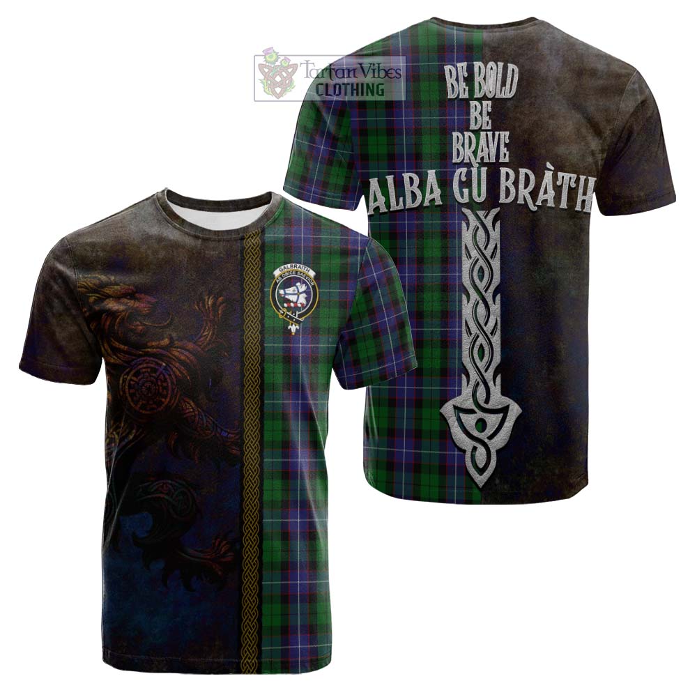 Tartan Vibes Clothing Galbraith Tartan Family Crest Cotton T-shirt Alba Gu Brath Be Brave Lion Ancient Style
