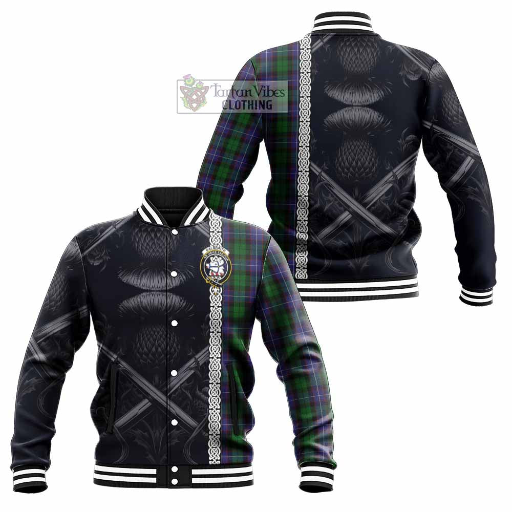 Tartan Vibes Clothing Galbraith Tartan Baseball Jacket with Family Crest Cross Sword Thistle Celtic Vibes