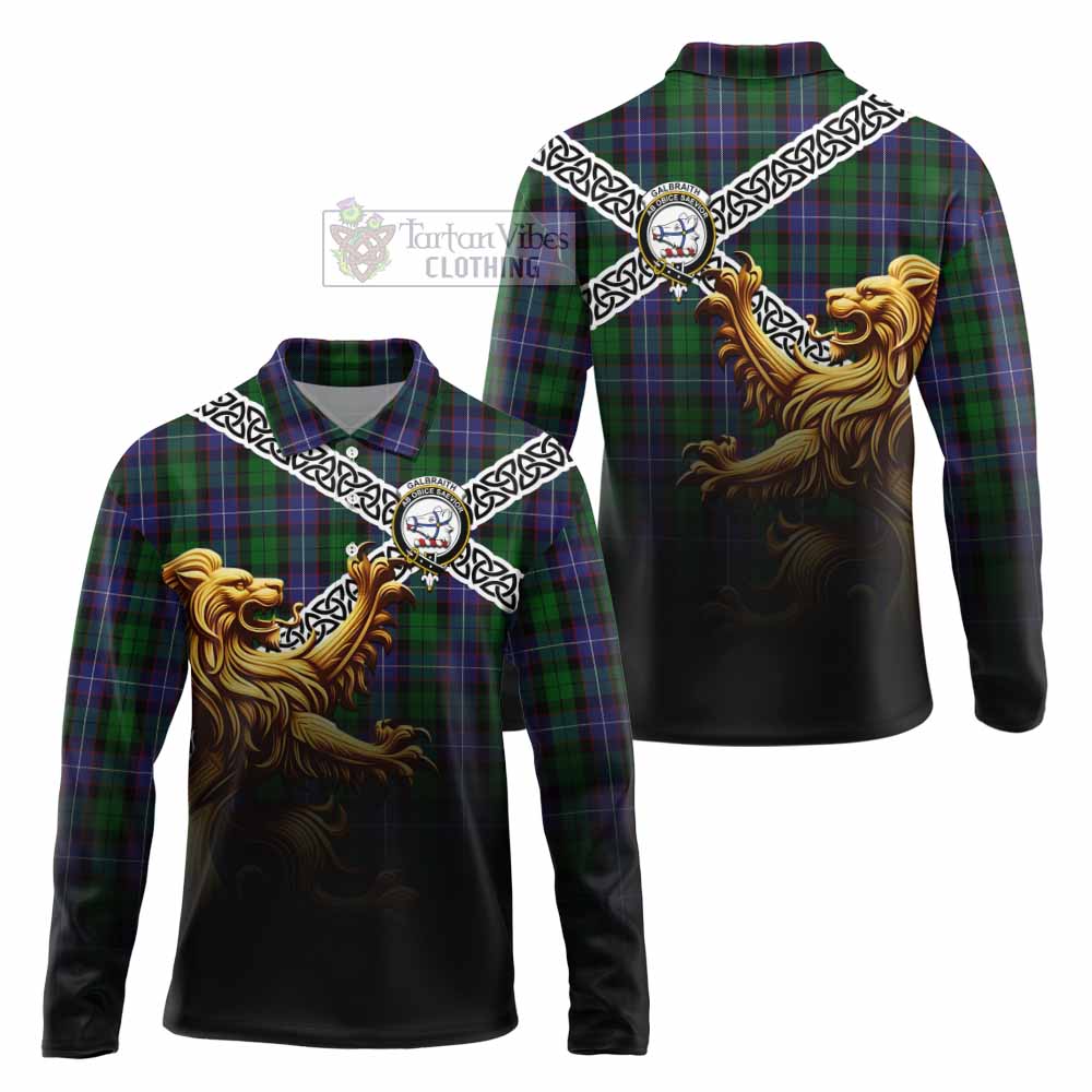Tartan Vibes Clothing Galbraith Crest Tartan Long Sleeve Polo Shirt with Golden Lion Emblem Celtic Style