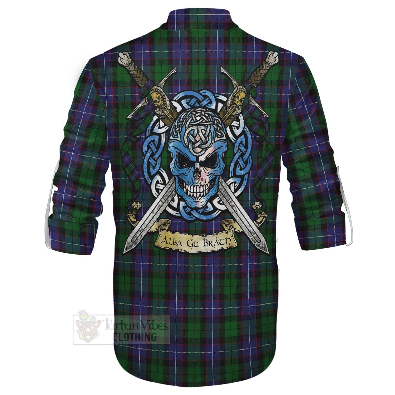 Tartan Vibes Clothing Galbraith Tartan Ghillie Kilt Shirt with Family Crest Celtic Skull Style