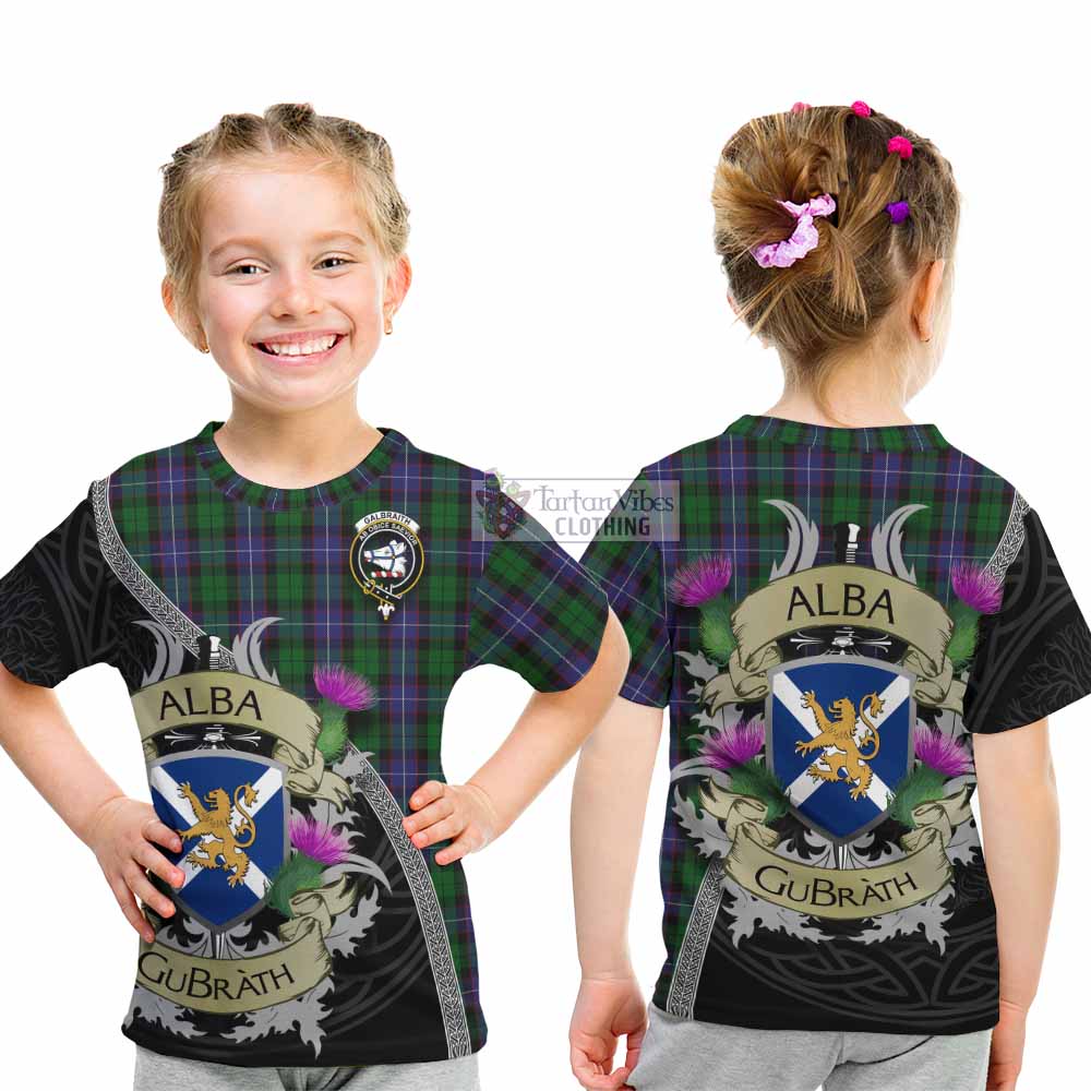 Tartan Vibes Clothing Galbraith Tartan Family Crest Kid T-Shirt Lion Rampant Royal Thistle Shield Celtic Inspired