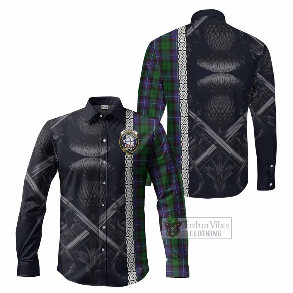 Tartan Vibes Clothing Galbraith Tartan Long Sleeve Button Shirt with Family Crest Cross Sword Thistle Celtic Vibes