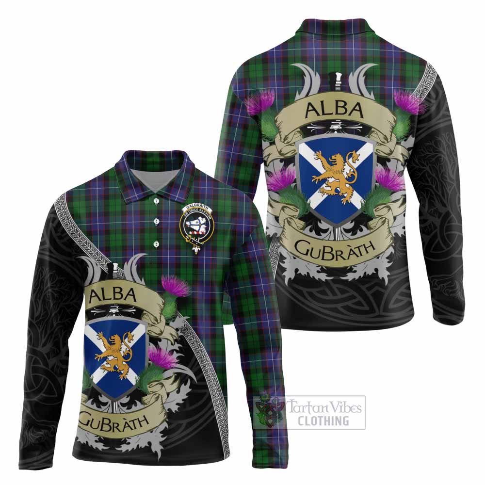 Tartan Vibes Clothing Galbraith Tartan Family Crest Long Sleeve Polo Shirt Lion Rampant Royal Thistle Shield Celtic Inspired