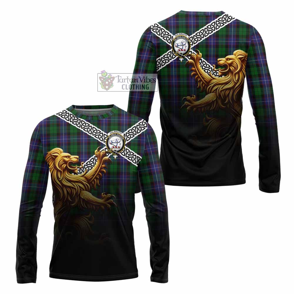 Tartan Vibes Clothing Galbraith Crest Tartan Long Sleeve T-Shirt with Golden Lion Emblem Celtic Style