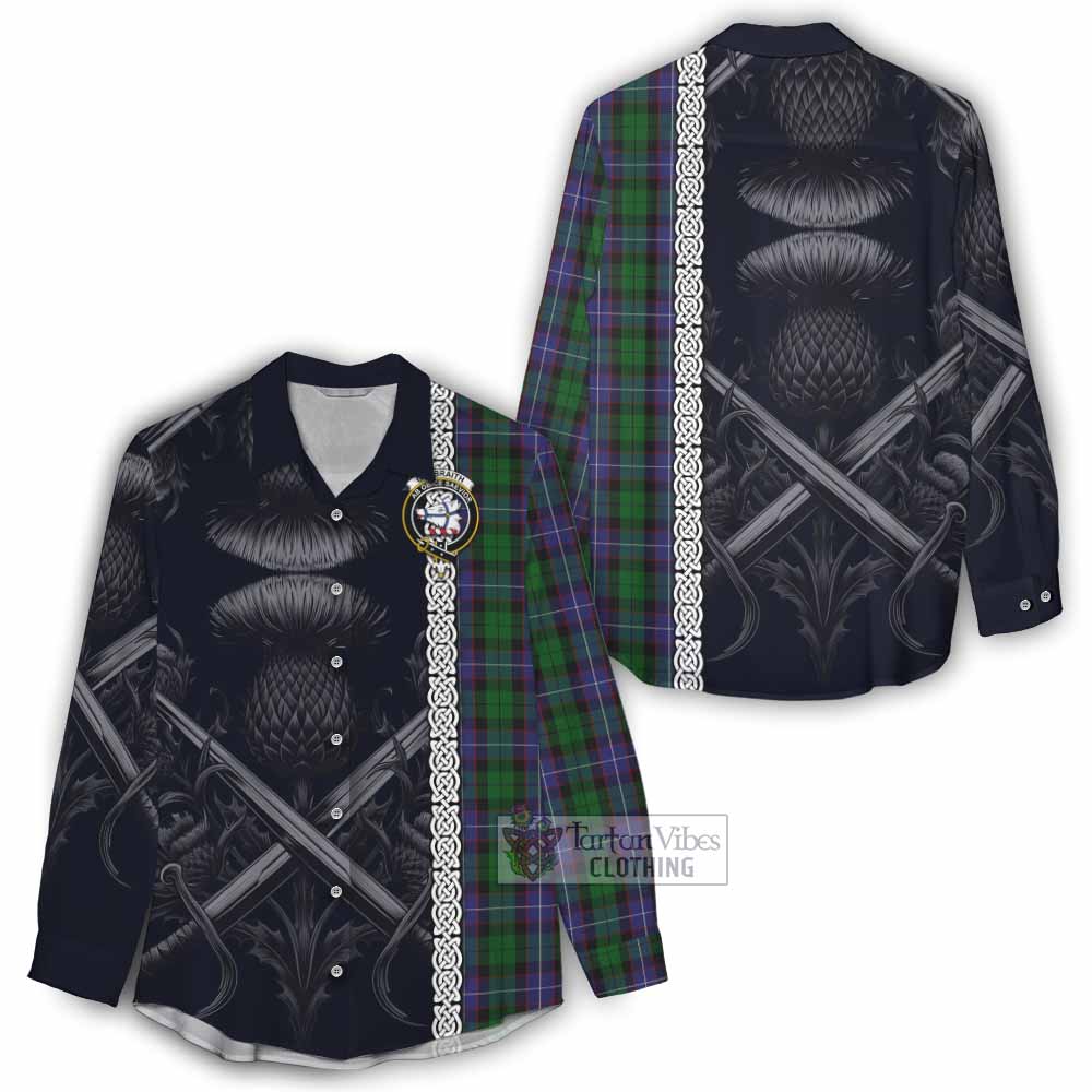 Tartan Vibes Clothing Galbraith Tartan Women's Casual Shirt with Family Crest Cross Sword Thistle Celtic Vibes
