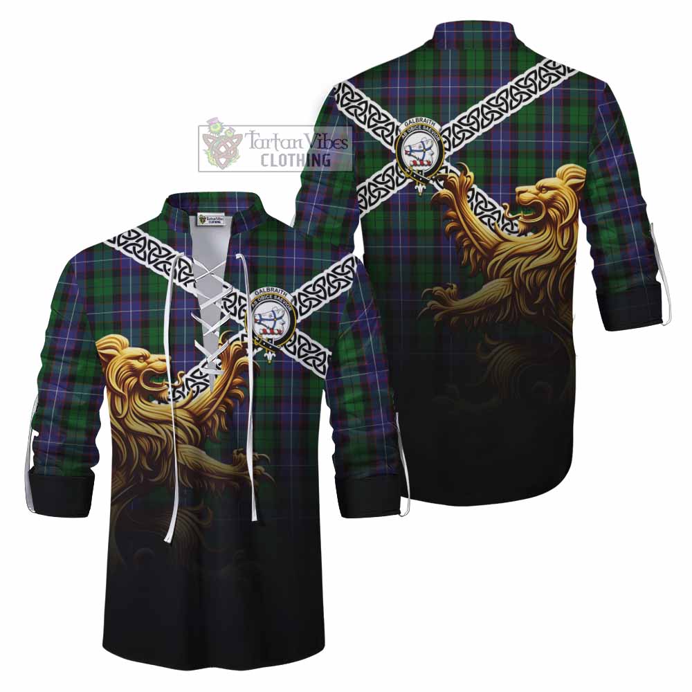 Tartan Vibes Clothing Galbraith Crest Tartan Ghillie Kilt Shirt with Golden Lion Emblem Celtic Style