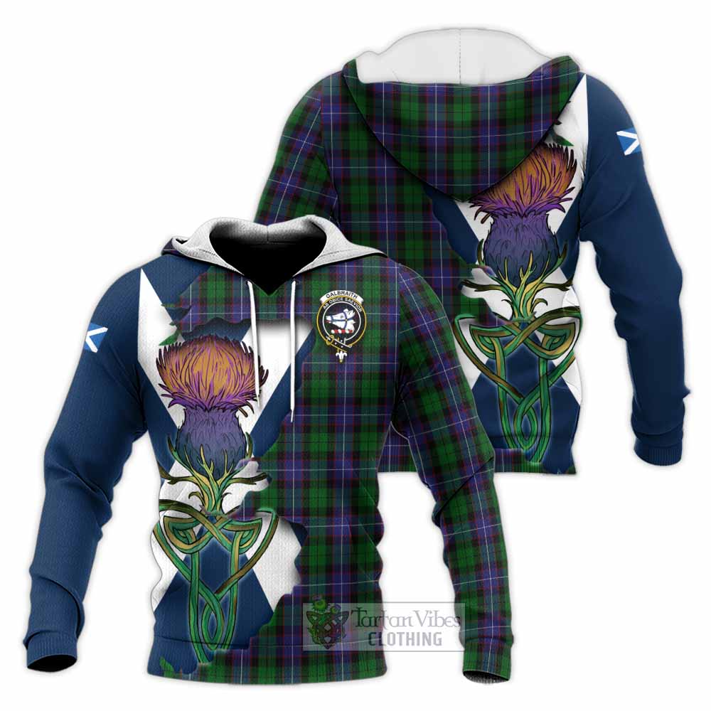 Tartan Vibes Clothing Galbraith Tartan Family Crest Knitted Hoodie Scottish Thistle Celtic Inspired