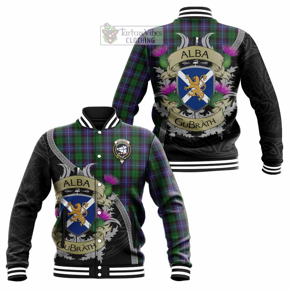Tartan Vibes Clothing Galbraith Tartan Family Crest Baseball Jacket Lion Rampant Royal Thistle Shield Celtic Inspired