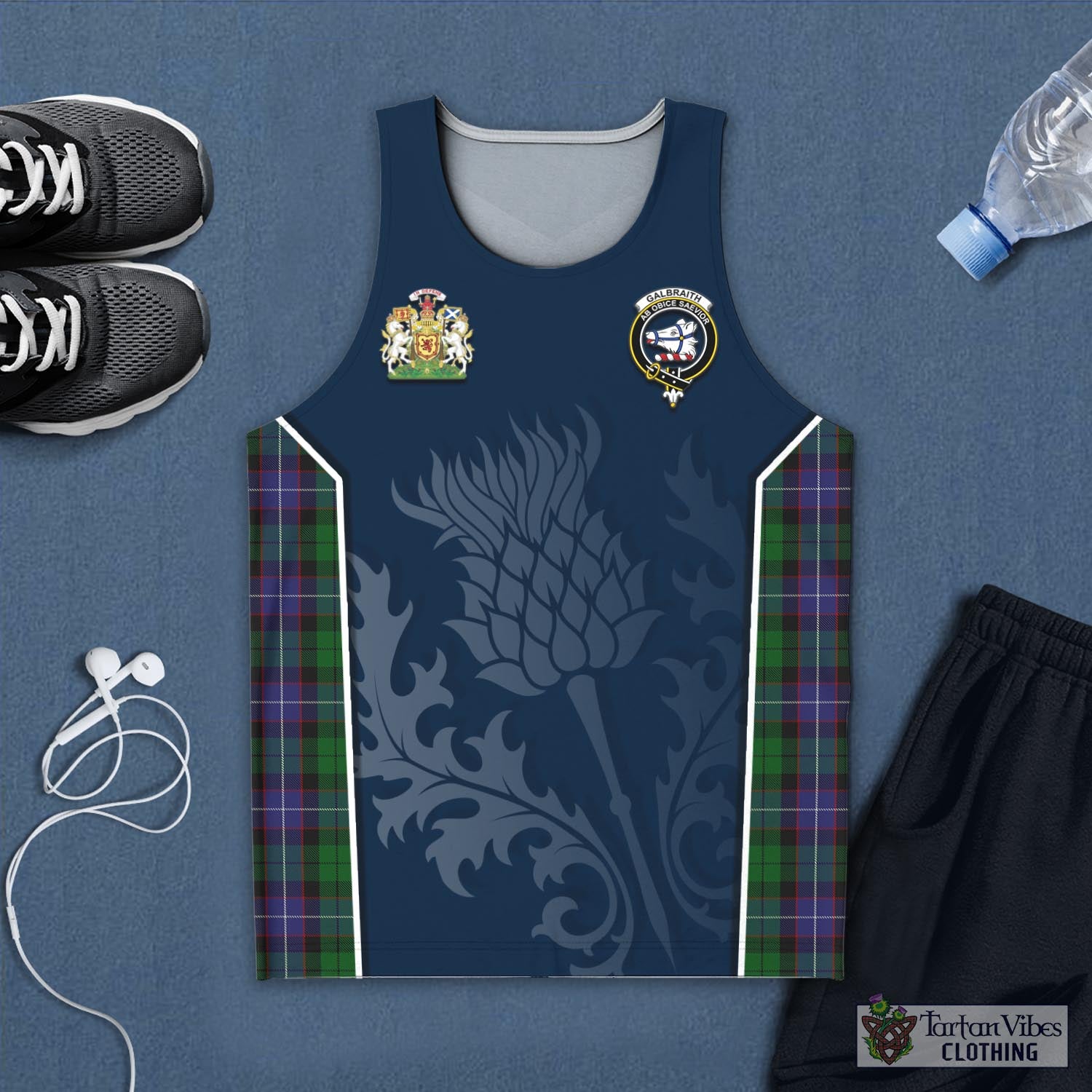 Tartan Vibes Clothing Galbraith Tartan Men's Tanks Top with Family Crest and Scottish Thistle Vibes Sport Style