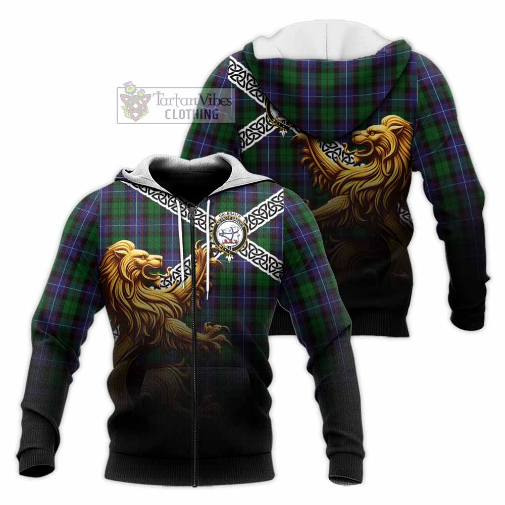 Tartan Vibes Clothing Galbraith Crest Tartan Knitted Hoodie with Golden Lion Emblem Celtic Style