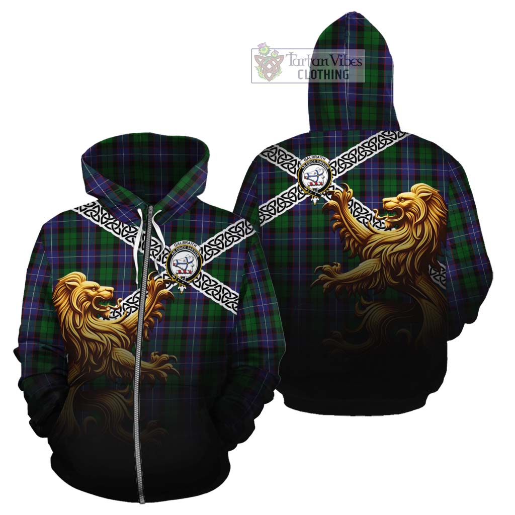 Tartan Vibes Clothing Galbraith Crest Tartan Cotton Hoodie with Golden Lion Emblem Celtic Style