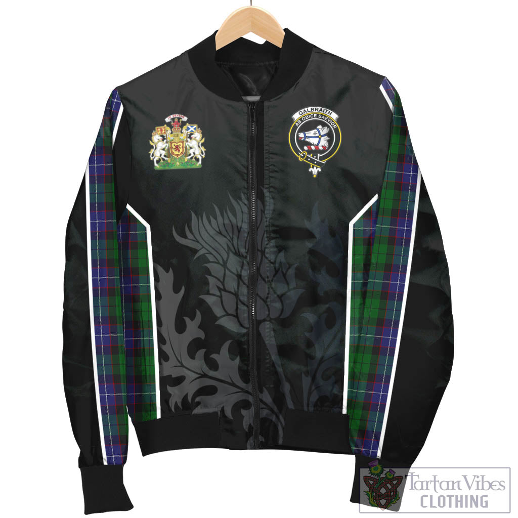 Tartan Vibes Clothing Galbraith Tartan Bomber Jacket with Family Crest and Scottish Thistle Vibes Sport Style